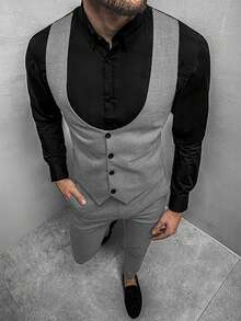 Manfinity Mode Men's Colorblock Patchwork Waistcoat And Pants Formal Suit Set Formal, Ceremony - Light Grey - View 9