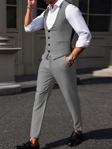 Manfinity Mode Men's Colorblock Patchwork Waistcoat And Pants Formal Suit Set Formal, Ceremony - Light Grey - View 5