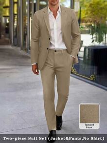 Manfinity Mode Men's Khaki Business Casual Suit Set,Textured Fabric Formal Wedding Outfit,Autumn Old Money Style For Work,Travel,Gift For Boyfriend Husband,2pcs - Khaki - View 2
