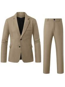 Manfinity Mode Men's Khaki Business Casual Suit Set,Textured Fabric Formal Wedding Outfit,Autumn Old Money Style For Work,Travel,Gift For Boyfriend Husband,2pcs - Khaki - View 3