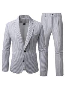 Manfinity Mode Men's Striped Long Sleeve Blazer And Pants Casual Commute Suit Set, Formal, Old Money - Grey - View 3