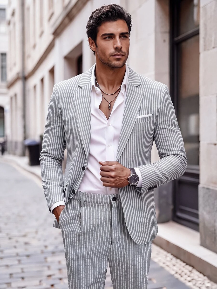 Manfinity Mode Men's Striped Long Sleeve Blazer And Pants Casual Commute Suit Set, Formal, Old Money - Grey - View 1