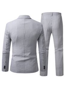 Manfinity Mode Men's Striped Long Sleeve Blazer And Pants Casual Commute Suit Set, Formal, Old Money - Grey - View 4