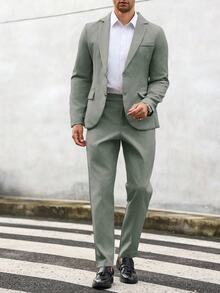 Manfinity Mode Men's Solid Color Lapel Neck Long Sleeve Blazer And Pants Suit Set, Formal, Old Money - Green - View 3