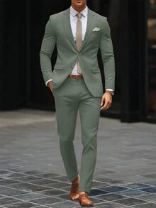 Manfinity Mode Men's Solid Color Lapel Neck Long Sleeve Blazer And Pants Suit Set, Formal, Old Money - Green - View 5