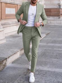 Manfinity Mode Men's Solid Color Lapel Neck Long Sleeve Blazer And Pants Suit Set, Formal, Old Money - Green - View 2