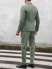Manfinity Mode Men's Solid Color Lapel Neck Long Sleeve Blazer And Pants Suit Set, Formal, Old Money - Green - View 6
