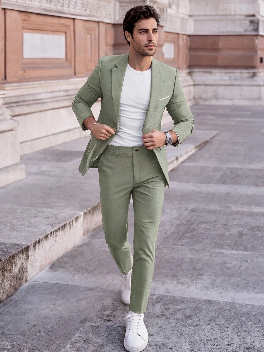 Manfinity Mode Men's Solid Color Lapel Neck Long Sleeve Blazer And Pants Suit Set, Formal, Old Money - Green - View 1