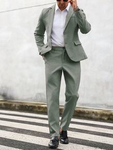 Manfinity Mode Men's Solid Color Lapel Neck Long Sleeve Blazer And Pants Suit Set, Formal, Old Money - Green - View 7