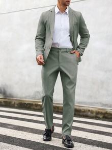 Manfinity Mode Men's Solid Color Lapel Neck Long Sleeve Blazer And Pants Suit Set, Formal, Old Money - Green - View 8