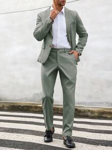 Manfinity Mode Men's Solid Color Lapel Neck Long Sleeve Blazer And Pants Suit Set, Formal, Old Money - Green - View 4