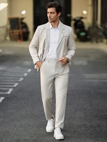 Manfinity Mode 男士隱扣雙排扣西裝套裝，商務休閒 2 件式正式穿著，適合婚禮、工作、送給男友/丈夫的禮物、老錢風、儀式 - 卡其色 - 查看 1