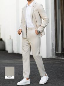Manfinity Mode 男士隱扣雙排扣西裝套裝，商務休閒 2 件式正式穿著，適合婚禮、工作、送給男友/丈夫的禮物、老錢風、儀式 - 卡其色 - 查看 2