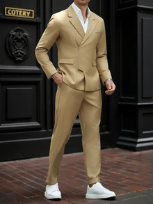 Manfinity Mode Men's 2-Piece Slim Fit Suit Set, Business Commuter Jacket And Pants Suits For Men Casual Suits For Men's Suit Suits For Men's Dress Suit Men Suit - Khaki - View 2