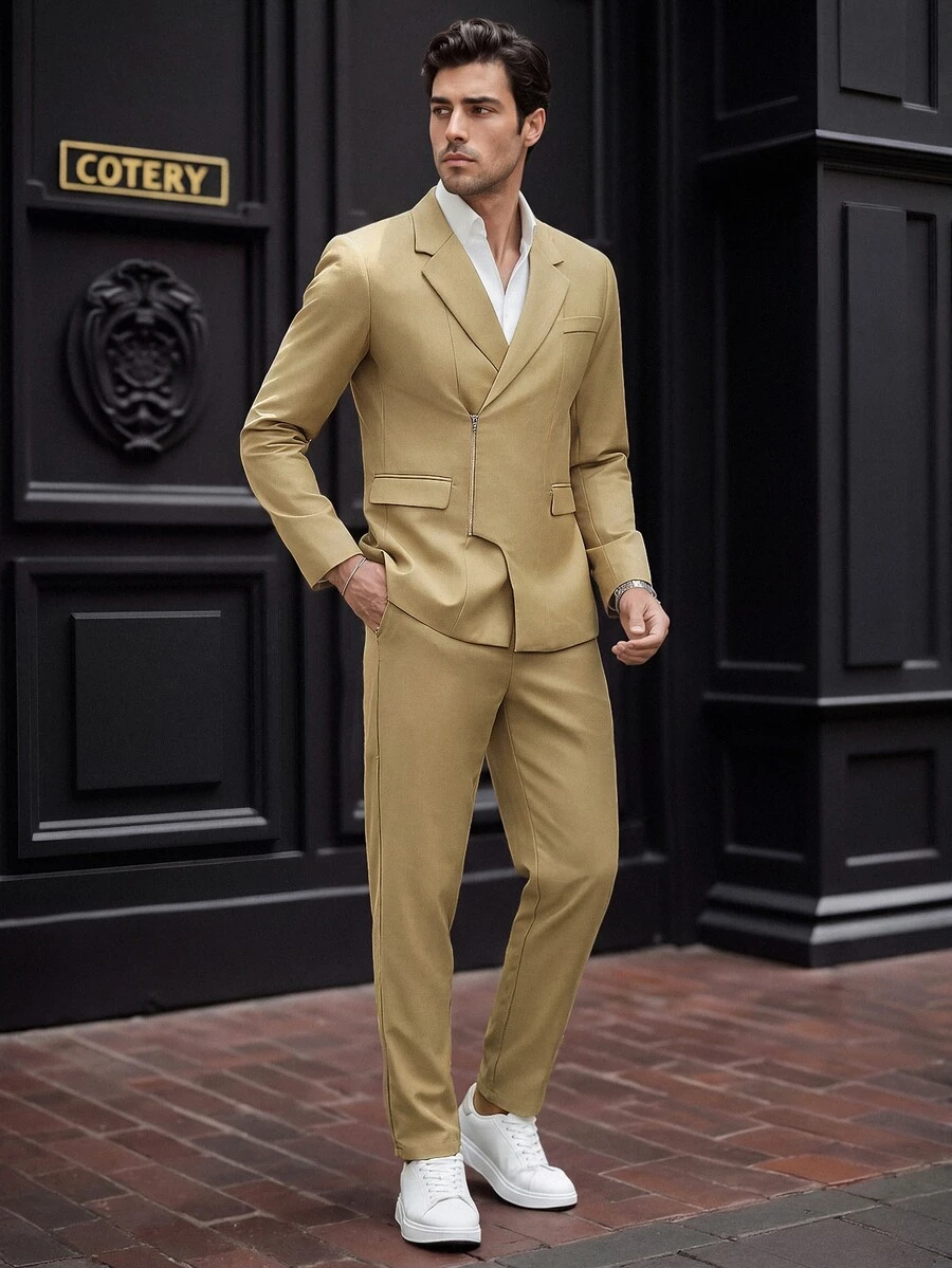 Manfinity Mode Men's 2-Piece Slim Fit Suit Set, Business Commuter Jacket And Pants Suits For Men Casual Suits For Men's Suit Suits For Men's Dress Suit Men Suit - Khaki - View 1