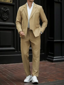 Manfinity Mode Men's 2-Piece Slim Fit Suit Set, Business Commuter Jacket And Pants Suits For Men Casual Suits For Men's Suit Suits For Men's Dress Suit Men Suit - Khaki - View 3