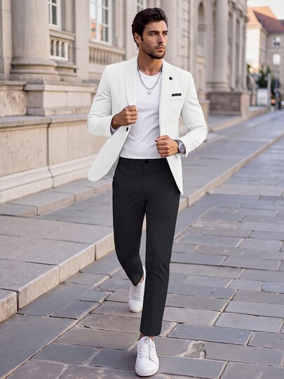 Manfinity Mode Men's Business Formal Peak Lapel Suit Jacket And Trousers Set, Suitable For Work, Commute, Wedding, Party, Ceremony