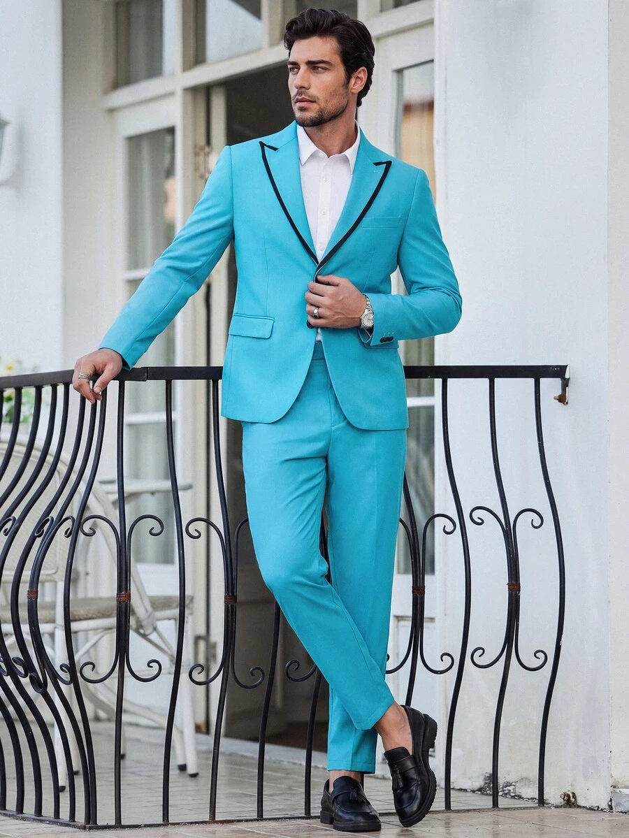 Manfinity Mode Plus Size Navy Blue Business Suit Set, Blazer & Pants S For Men Prom Suit Men Pants Suits For Men Prom Suits For Men - Cadet Blue - View 1