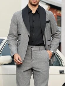 Manfinity Mode 男士撞色披肩领长袖西装外套和裤子两件套裤子西装男士西服套装男士正装男士休闲西装 - 灰色 - 查看 5