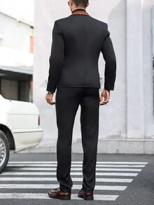 Manfinity Mode 2pcs Men's Contrast Collar Blazer And Pants Suit Set - Black - View 4