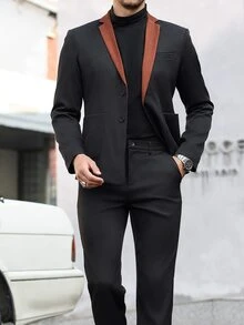 Manfinity Mode 2pcs Men's Contrast Collar Blazer And Pants Suit Set - Black - View 3