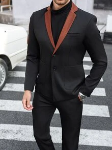 Manfinity Mode 2pcs Men's Contrast Collar Blazer And Pants Suit Set - Black - View 2