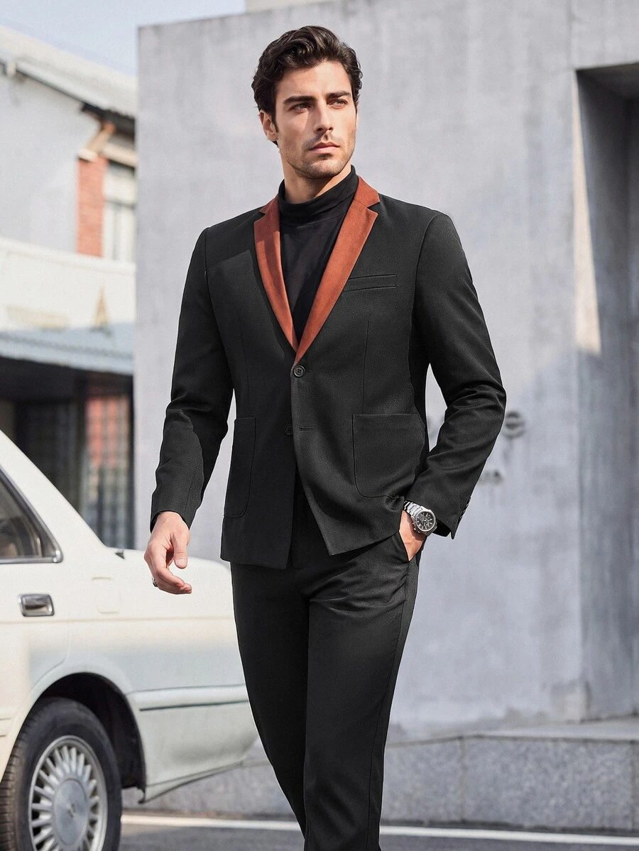 Manfinity Mode 2pcs Men's Contrast Collar Blazer And Pants Suit Set - Black - View 1