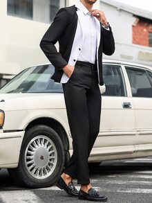Manfinity Mode Men's Black And White Color-Blocked Suit Set,Elegant Summer Two Pieces Outfits,Perfect Wedding Guest,Business Commuting,Parties&Daily Wear Suit Set - Black and White - View 4