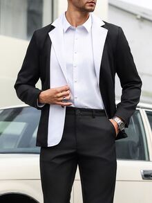Manfinity Mode Men's Black And White Color-Blocked Suit Set,Elegant Summer Two Pieces Outfits,Perfect Wedding Guest,Business Commuting,Parties&Daily Wear Suit Set - Black and White - View 7