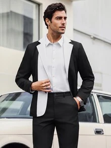Manfinity Mode Men's Black And White Color-Blocked Suit Set,Elegant Summer Two Pieces Outfits,Perfect Wedding Guest,Business Commuting,Parties&Daily Wear Suit Set - Black and White - View 1