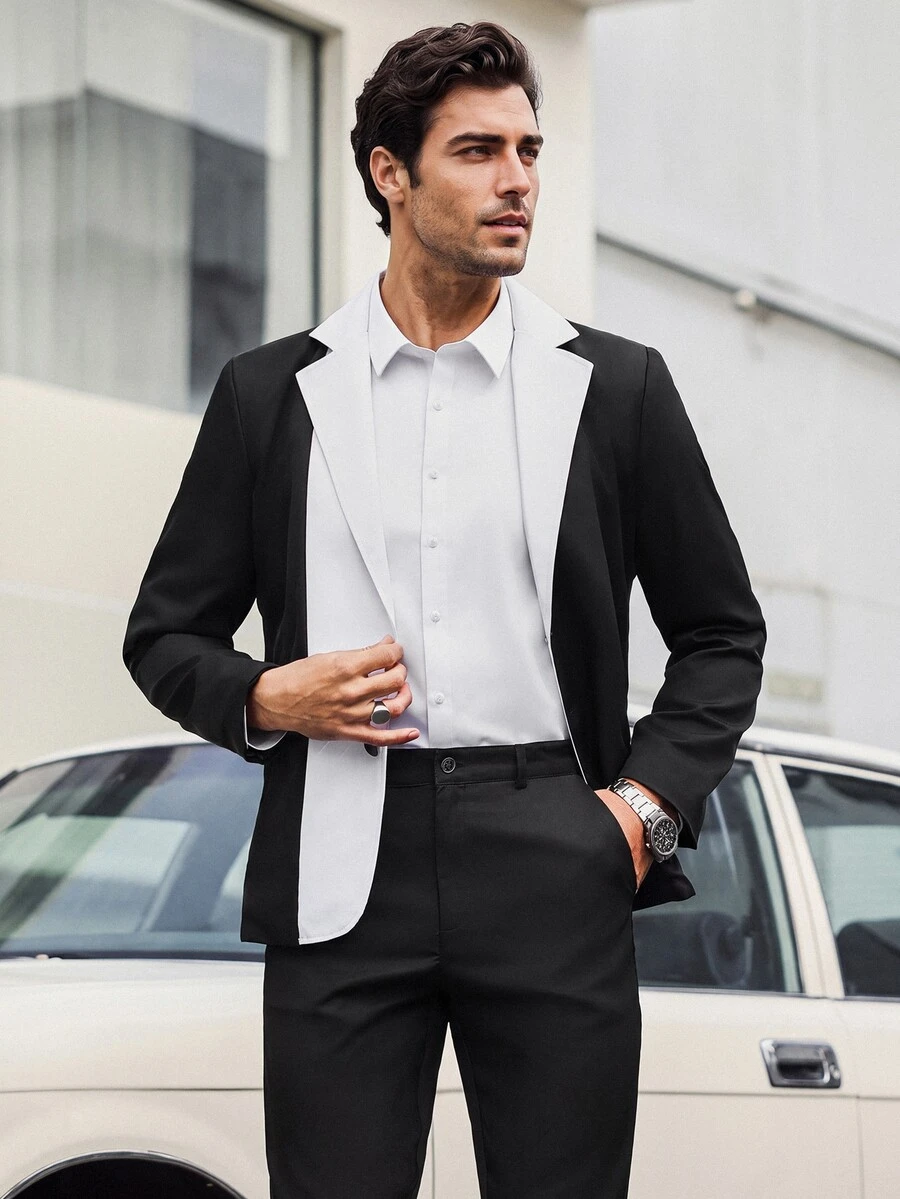 Manfinity Mode Men's Black And White Color-Blocked Suit Set,Elegant Summer Two Pieces Outfits,Perfect Wedding Guest,Business Commuting,Parties&Daily Wear Suit Set - Black and White - View 1