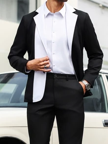 Manfinity Mode Men's Black And White Color-Blocked Suit Set,Elegant Summer Two Pieces Outfits,Perfect Wedding Guest,Business Commuting,Parties&Daily Wear Suit Set - Black and White - View 3