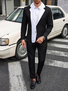 Manfinity Mode Men's Black And White Color-Blocked Suit Set,Elegant Summer Two Pieces Outfits,Perfect Wedding Guest,Business Commuting,Parties&Daily Wear Suit Set - Black and White - View 8