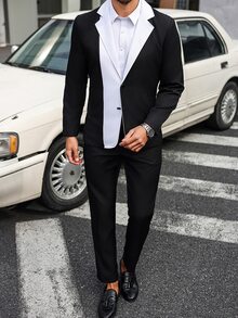 Manfinity Mode Men's Black And White Color-Blocked Suit Set,Elegant Summer Two Pieces Outfits,Perfect Wedding Guest,Business Commuting,Parties&Daily Wear Suit Set - Black and White - View 5