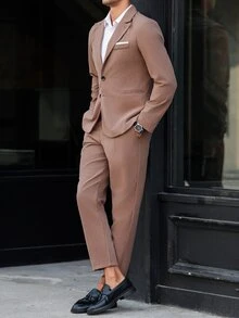 Manfinity Mode 1 Conjunto de chaqueta y pantalones casuales de color liso para hombre - Marrón - Ver 4