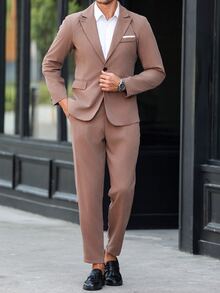 Manfinity Mode 1 Conjunto de chaqueta y pantalones casuales de color liso para hombre - Marrón - Ver 2