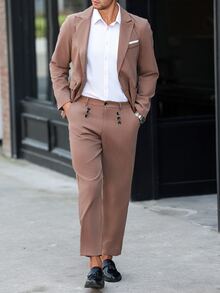 Manfinity Mode 1 Conjunto de chaqueta y pantalones casuales de color liso para hombre - Marrón - Ver 5