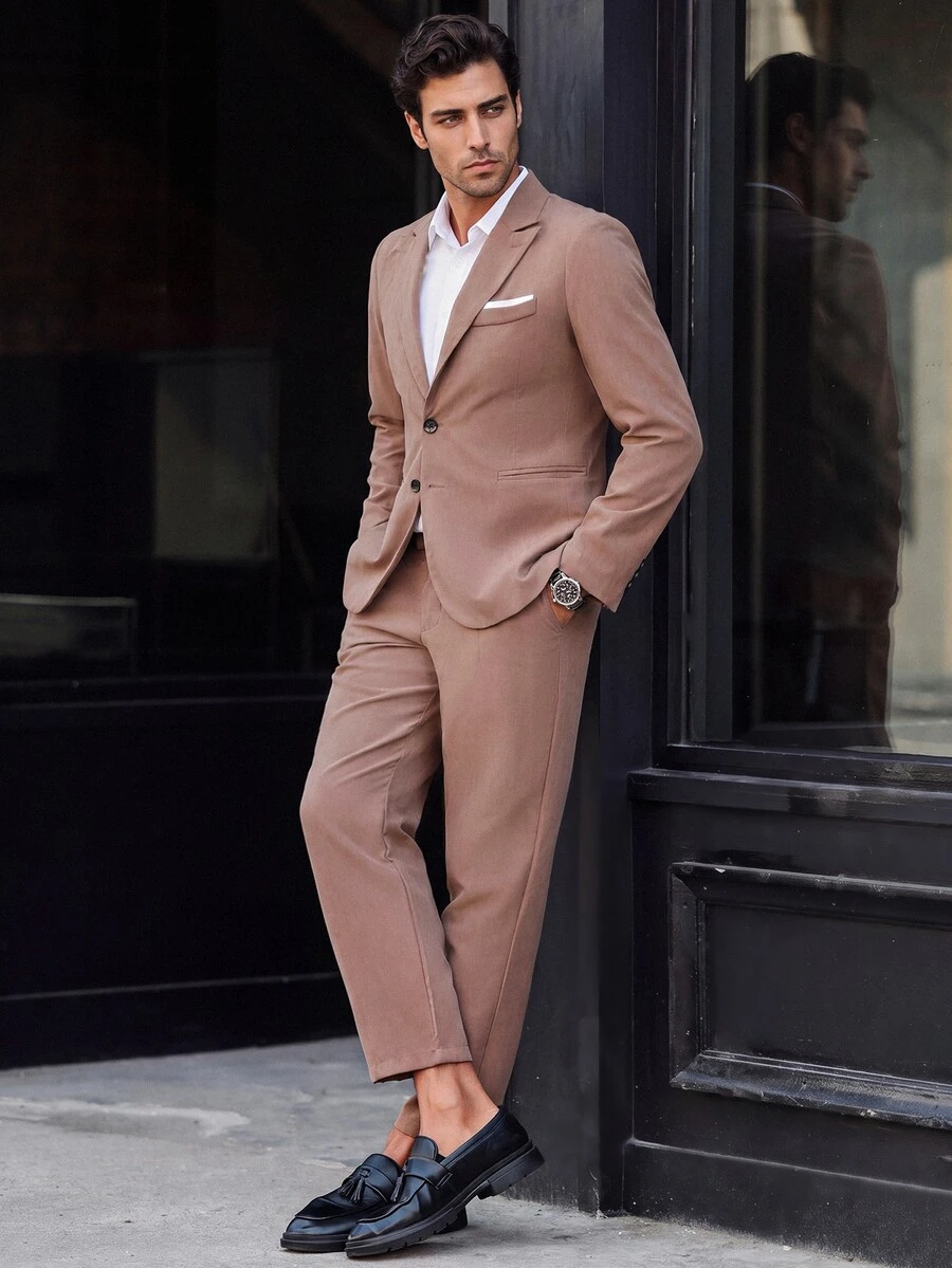 Manfinity Mode 1 Conjunto de chaqueta y pantalones casuales de color liso para hombre - Marrón - Ver 1