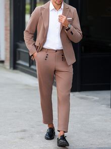 Manfinity Mode 1 Conjunto de chaqueta y pantalones casuales de color liso para hombre - Marrón - Ver 3