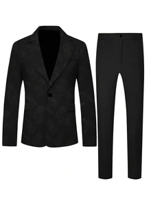 Manfinity Mode 2pcs Men's Solid Color Stand Collar Long Sleeve Suit Jacket & Pants Set, Autumn - Black - View 3