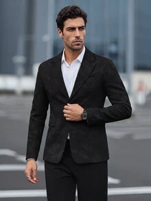 Manfinity Mode 2pcs Men's Solid Color Stand Collar Long Sleeve Suit Jacket & Pants Set, Autumn - Black - View 1