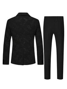 Manfinity Mode 2pcs Men's Solid Color Stand Collar Long Sleeve Suit Jacket & Pants Set, Autumn - Black - View 4