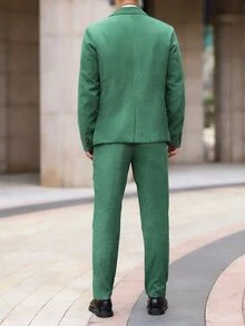 Manfinity Mode Conjunto de chaqueta y pantalones de traje de doble botonadura navideño para hombres - Verde - Ver 4