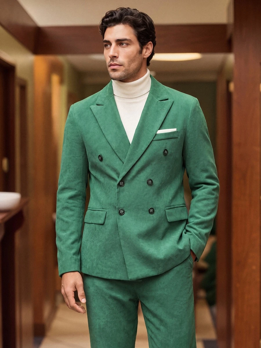 Manfinity Mode Conjunto de chaqueta y pantalones de traje de doble botonadura navideño para hombres - Verde - Ver 1