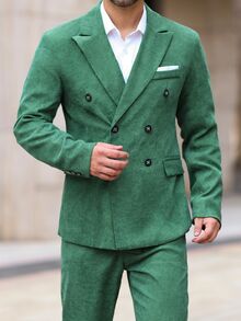 Manfinity Mode Conjunto de chaqueta y pantalones de traje de doble botonadura navideño para hombres - Verde - Ver 2