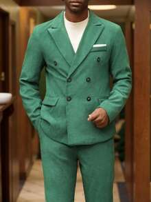Manfinity Mode Conjunto de chaqueta y pantalones de traje de doble botonadura navideño para hombres - Verde - Ver 3
