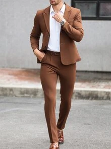 Manfinity Mode 2pcs Men's Solid Color Business Single Breasted Long Sleeve Blazer And Pants Casual Suit Pants Set - Brown - View 3
