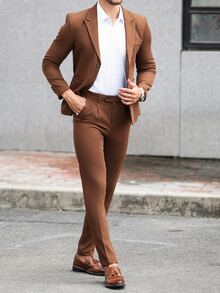 Manfinity Mode 2pcs Men's Solid Color Business Single Breasted Long Sleeve Blazer And Pants Casual Suit Pants Set - Brown - View 4