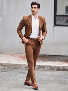 Manfinity Mode 2pcs Men's Solid Color Business Single Breasted Long Sleeve Blazer And Pants Casual Suit Pants Set - Brown - View 1