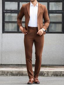 Manfinity Mode 2pcs Men's Solid Color Business Single Breasted Long Sleeve Blazer And Pants Casual Suit Pants Set - Brown - View 6